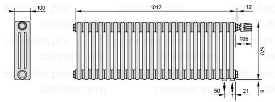 Схема (чертеж) Радиатор Zehnder Charleston 3057/22 №V002 Technoline TL